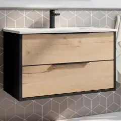 Meuble de salle de bain 80cm simple vasque 2 tiroirs sans miroir ALBA noir/roble – COSYNEO – DUOXALBA80NOIROBBLAB Meilleur Prix