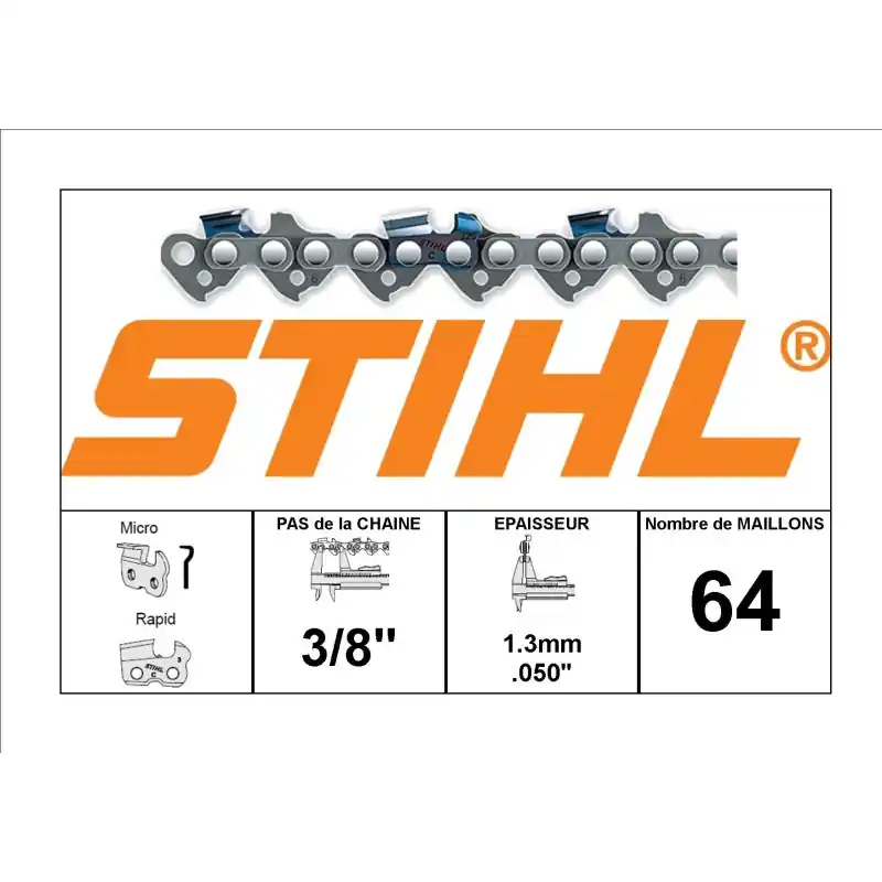 36500000064 – Chaîne de tronçonneuse STIHL 3/8&Prime; – 1.3mm – 64 Entraineurs Achetez Aujourd&rsquo;hui